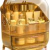 Galatée Portable Retro Series Multi-Function Make Up Case Dustproof Cosmetic Storage Box,Cosmetics Skin Care Products Jewelry Organizer Case Finishing Box Bathroom Desktop -Amber