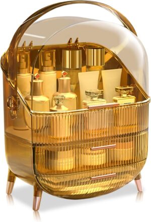 Galatée Portable Retro Series Multi-Function Make Up Case Dustproof Cosmetic Storage Box,Cosmetics Skin Care Products Jewelry Organizer Case Finishing Box Bathroom Desktop -Amber