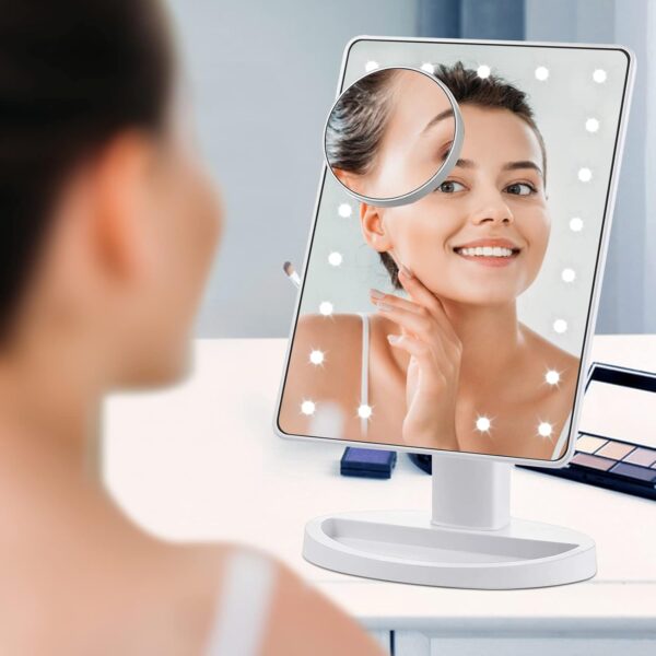 Nestling Makeup Mirror with Lights, 21 LED Lights Vanity Cosmetic Touch Screen, 10x Magnification Detail Mirror, 180° Free Rotation, Dual Power Supply Light