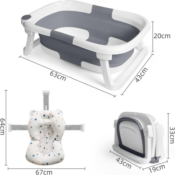 Baby Bath Tub Foldable Bathtub, Collapsible Toddler Bath Tubs with Baths Support Cushion Pad Seat Mat, Anti-Slip Portable Travel Shower Bathing Basin Folding Bathtubs for Newborn Toddler Infant (Grey)