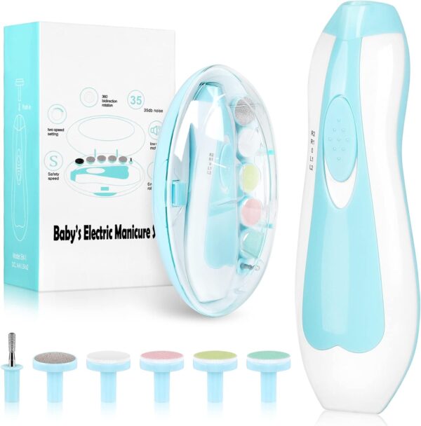 Baby Electric Nail File, 8 in 1 Safe Baby Nail Trimmer, Baby Nail Clippers with 6 Grinding Heads and Light, Baby Nail Care Kit for All Ages (Blue1)