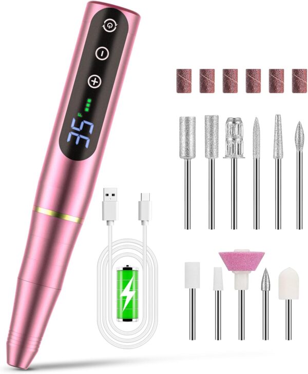 NAILGIRLS Rechargeable Cordless Nail Drill Machine, Portable Electric 35000RPM Professional File for Acrylic Gel Nails, Efile Manicure Pedicure Polishing, Pink