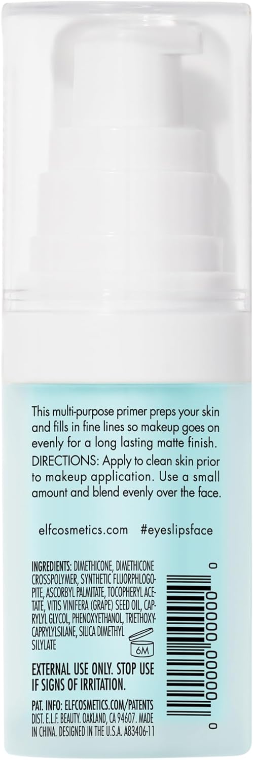 e.l.f. Hydrating Face Primer, Lightweight, Long Lasting, Creamy, Hydrates, Smooths, Fills in Pores and Fine Lines, Natural Matte Finish, Infused with Vitamin E, 0.47 Oz