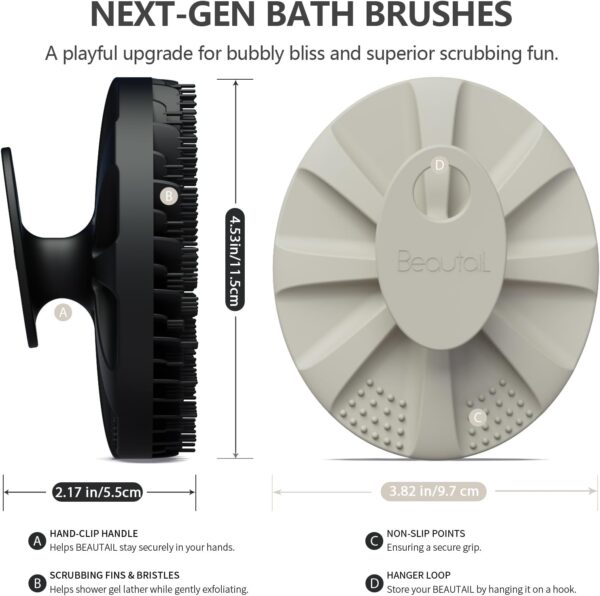 6136WEtLgNL._AC_SL1500_.jpg BEAUTAIL Silicone Body Scrubber 5th Gen 2 Pack, Gentle Exfoliating Shower Bath Brush for Sensitive Skin, Innovative Silicone Bristles Design for Lather Well, Ergonomic No-Slip Handle (Black+Starlight)