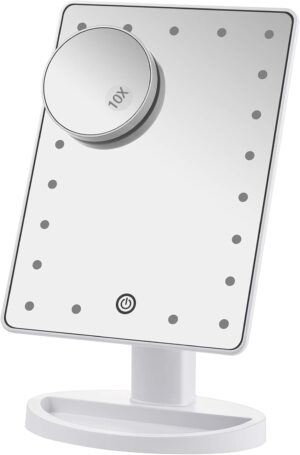 Nestling Makeup Mirror with Lights, 21 LED Lights Vanity Cosmetic Touch Screen, 10x Magnification Detail Mirror, 180° Free Rotation, Dual Power Supply Light