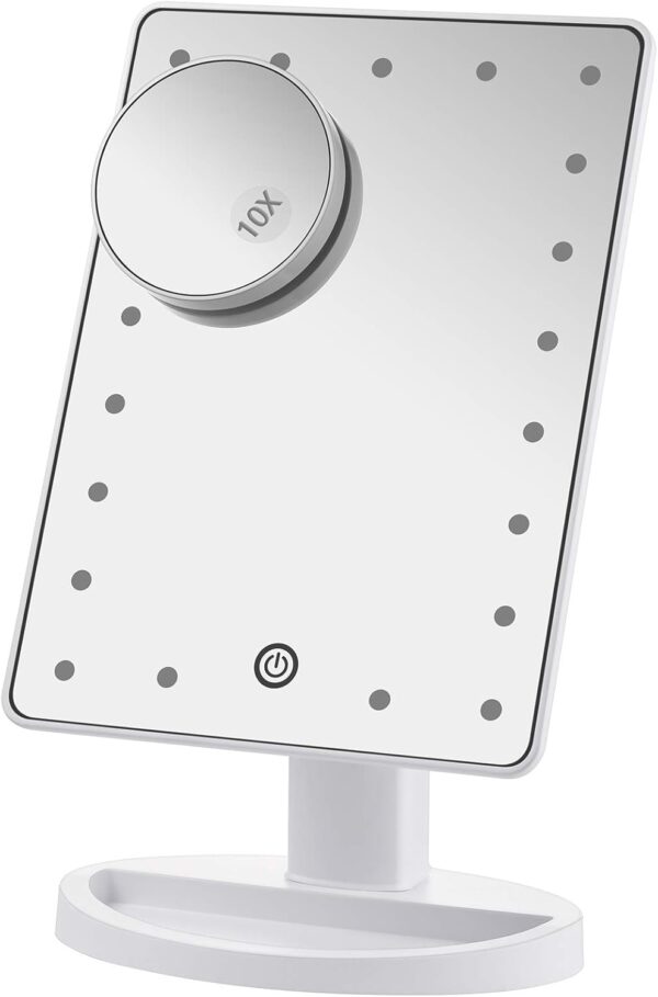 Nestling Makeup Mirror with Lights, 21 LED Lights Vanity Cosmetic Touch Screen, 10x Magnification Detail Mirror, 180° Free Rotation, Dual Power Supply Light