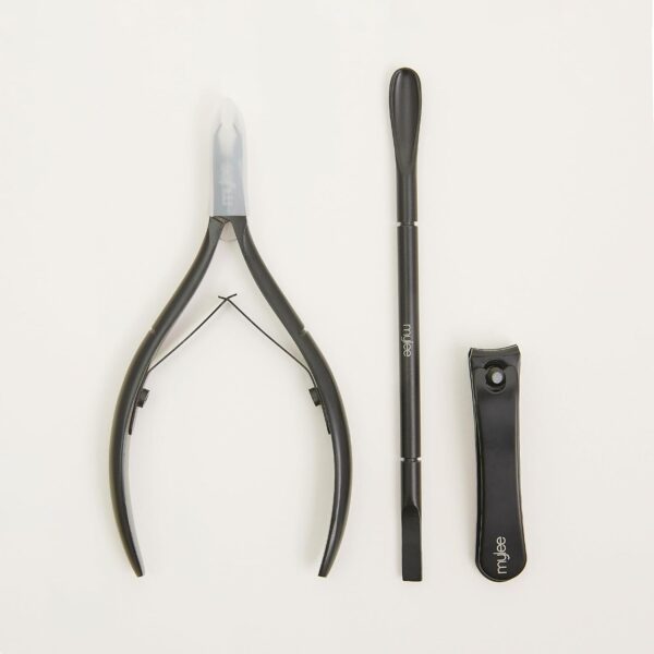Mylee Manicare Kit – Three Professional, Sleek, Matte Black, Stainless Steel, Salon-Quality Nail Tools In One Stylish Case – Includes Cuticle Nippers, Small Nail Clipper & Dual-Ended Cuticle Pusher