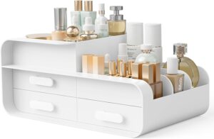 BTGGG Makeup Organiser Cosmetics Skincare Storage with Drawers Beauty Organiser for Vanity Jewelry Organizer Multifuctional Make Up Storage Box for Dressing Table Bedroom Bathroom, White