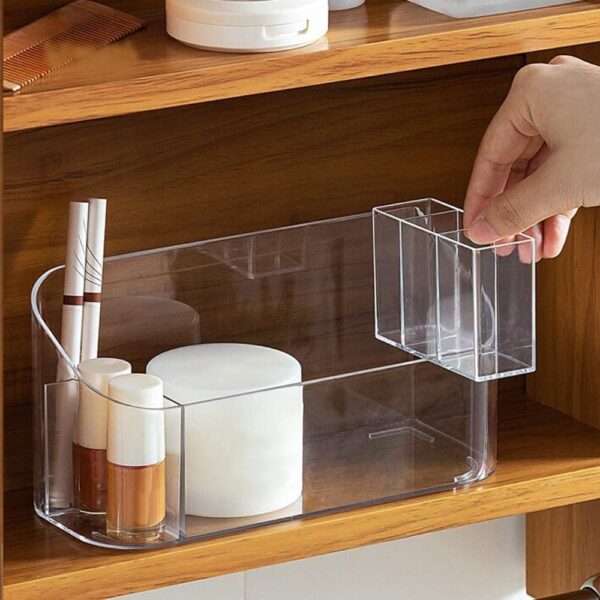 LINFIDITE Makeup Organiser Storage Tray Bathroom Cabinet Cosmetics Organiser Storage Tray Holder Countertop Vanity Display Case with 9 Compartments 2 Removable Dividers for Beauty Crystal Clear