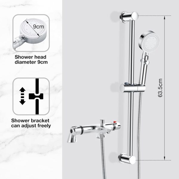 Thermostatic Bath Shower Mixer Tap with Shower Riser Kit, Modern Bath Taps with Shower Set, Include Deck Mounted Thermostatic Bar, Shower Rail, Shower Head, Shower Hose, 38°C Anti Scald, Chrome