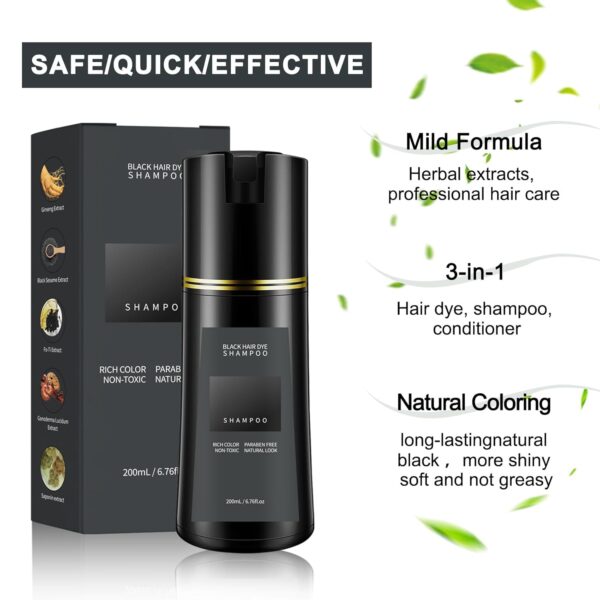 Natural Hair Dye Shampoo, Dye Shampoo 3-in-1, Ammonia & Paraben Free, for Men & Women (Black)