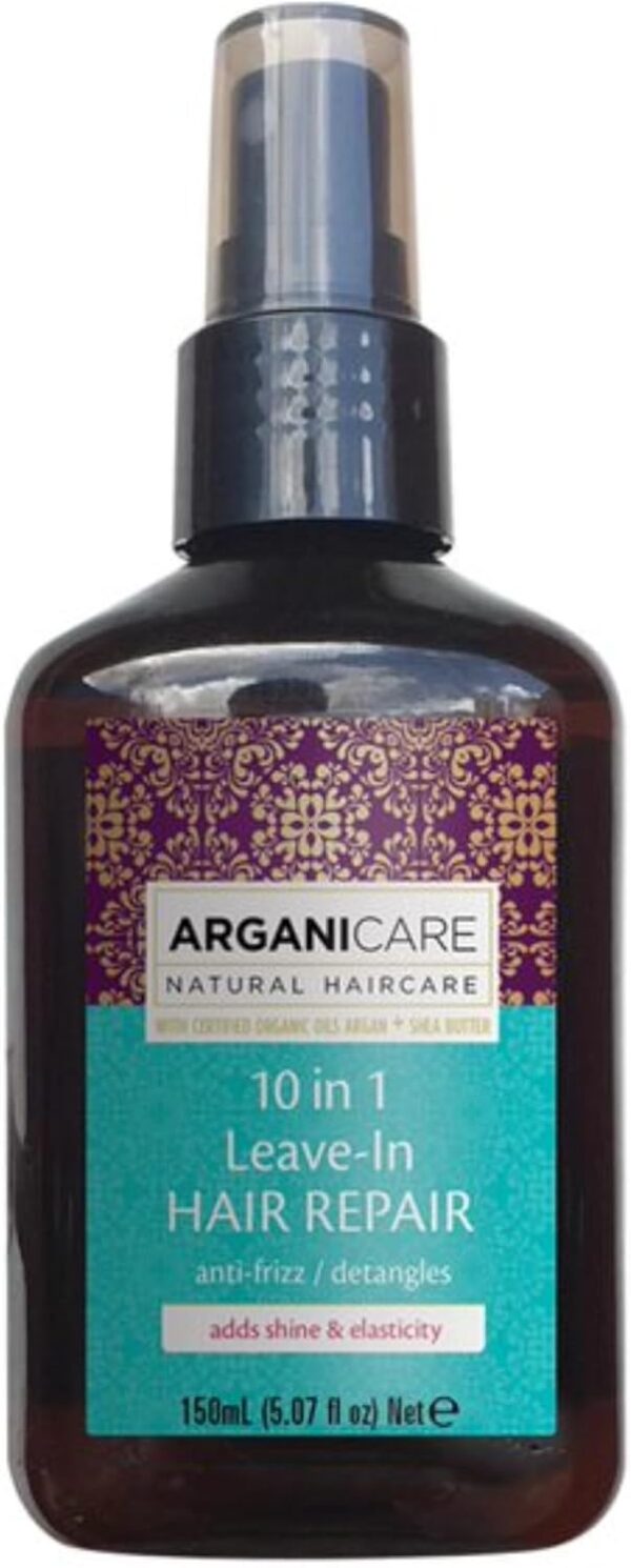 Arganicare | Argan range | 10-IN-1 ANTI-FRIZZ REPAIR & DETANGLING SPRAY | With Organic Argan Oil | Unruly and damaged hair | Eliminates frizz | Prevents and treats split ends | 150mL