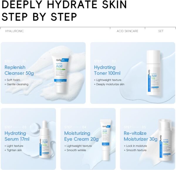 Quiyum Hyaluronic Acid Skincare Set, Hydrating Face Care Kit for Dry & Normal Skin, Facial Cleanser,Toner,Serum,Eye Cream,Face Cream, Pamper Gift Set for Women Teenage Girls Mom Birthday, Travel Kit