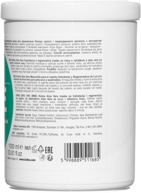 Kallos KJMN Aloe Vera Moisture Repair Shine Hair Mask for dry and damaged hair with aloe vera extract 1000 ml - 33,81 Fl Oz