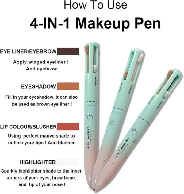 RoseFlower 4-in-1 Makeup Pen, Eyeshadow, Eyeliner/Eyebrow, Highlighter, Lip Liner, Waterproof Multi Use Makeup Pen, 4 Color Portable Makeup Beauty Pen for Daily Makeup & Party & Festival(#1)