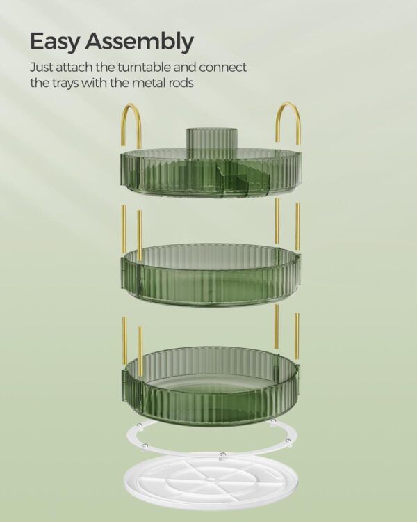 SONGMICS Makeup Organiser Rotating, 3-Tier Round Skincare Organiser, Customisable, Toiletries Cosmetics Organiser, Gift, Pale Green JKA011C01