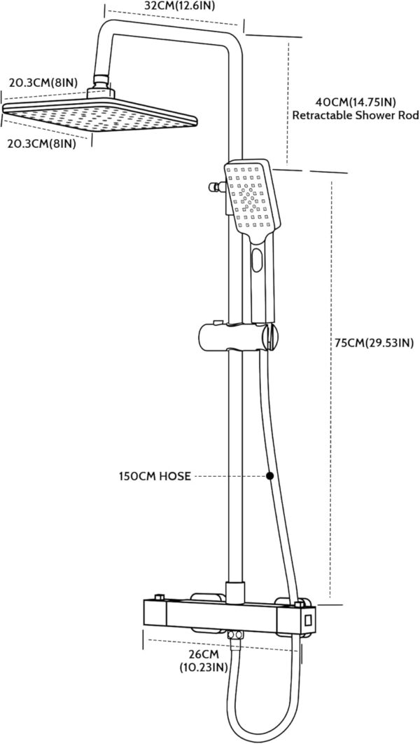 MORADO Thermostatic Shower Set,Adjustable Height Thermostatic Shower System, Shower Bar Set with Rainfall Shower Head and 3-Functions Hand Shower,Chrome Plated, Square Shape