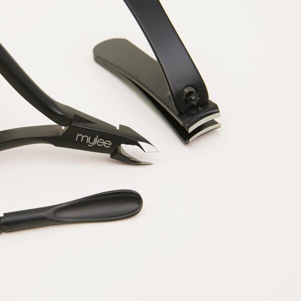 Mylee Manicare Kit – Three Professional, Sleek, Matte Black, Stainless Steel, Salon-Quality Nail Tools In One Stylish Case – Includes Cuticle Nippers, Small Nail Clipper & Dual-Ended Cuticle Pusher