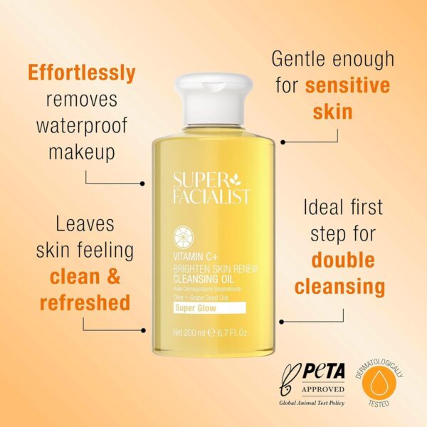 Super Facialist - Vitamin C + Brighten Skin Renew Cleansing Oil, Face Cleanser for Dissolving Makeup & Remove Daily Impurities, Contains Olive Oil, Vegan Friendly, 200ml (Cleansing Oil)