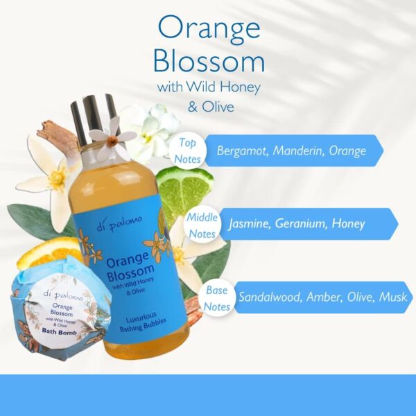 Di Palomo Orange Blossom & Honey Indulgent Luxury Bathing Collection. Bathing Bubbles 300ml & 2 Bath Bombs. Bubble Bath Body Wash & Bath Bomb Bath Set. Bubble Bath & Shower Gel Gifts for Women.