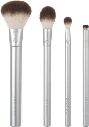 EcoTools Precious Metals Cheek & Eye Highlight Makeup Brush Kit, for Eyeshadow, Blush, & Powder Products, Eco Friendly, Vegan, Cruelty Free Face Brushes, Recycled Aluminum, Chrome, 4 Piece Set