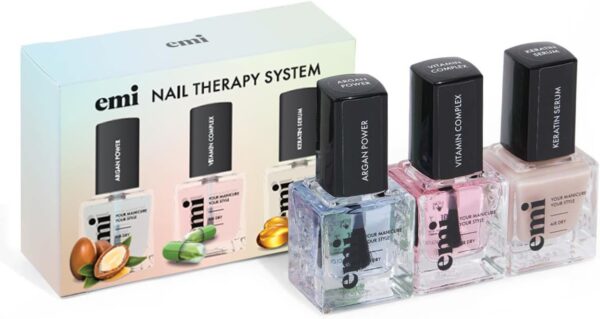 Nail Care Power Trio for strong, healthy, and nourished nails vitamin therapy Argan Power A, E, and F Vitamin Complex Keratin Serum protective shield Emi Nail Therapy System