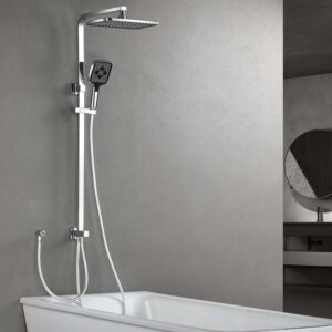 SonTiy Rainfall Shower Set, Square Swivelling Shower Riser Rail with Large Overhead Shower & Brass Diverter, Shower System Without Mixer, 3 Jet Types Handheld Shower, 5-Year Warranty, Chrome