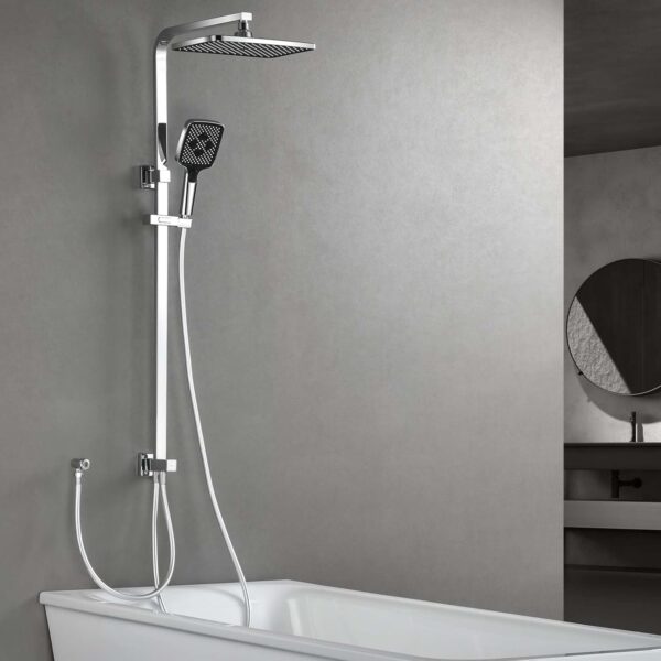 SonTiy Rainfall Shower Set, Square Swivelling Shower Riser Rail with Large Overhead Shower & Brass Diverter, Shower System Without Mixer, 3 Jet Types Handheld Shower, 5-Year Warranty, Chrome
