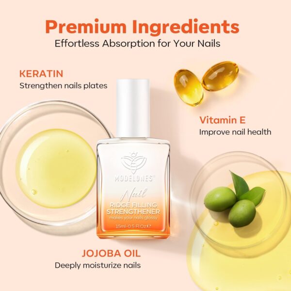 Modelones Nail Care 8 in one Ridge Filling Strengthener Treatment, Nail Polish Strengthener for Damaged and Weak Nails, Nail Hardener Extra Strong and Growth Smoothing Base Coat White Nail 15ml