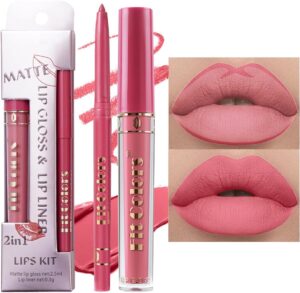 Lip Liner And Lipstick Set, Matte Liquid Lipstick Lip Liner Set Long Lasting Moisturizing Velvety Lipstick Matte Pink Lip Gloss Waterproof Non-Stick Cup Liquid Lipstick Lipliner Make Up Gift Set