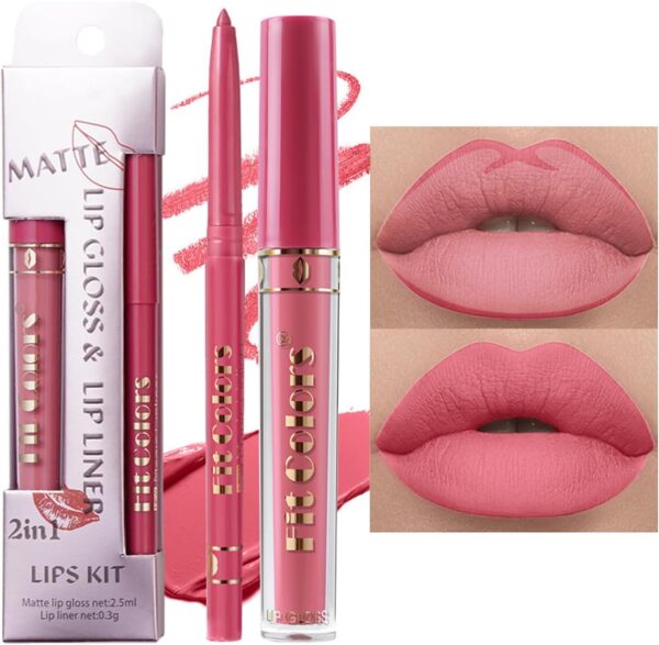 Lip Liner And Lipstick Set, Matte Liquid Lipstick Lip Liner Set Long Lasting Moisturizing Velvety Lipstick Matte Pink Lip Gloss Waterproof Non-Stick Cup Liquid Lipstick Lipliner Make Up Gift Set