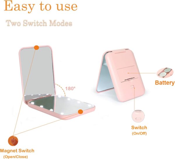 Kintion Pocket Mirror, 1X/3X Magnification LED Compact Travel Makeup Mirror with Light for Purse, 2-Sided, Portable, Folding, Handheld, Small Lighted Mirror for Gift, Pink