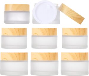 8 Pcs Frosted Clear Glass Cosmetic Jars with Wood Grain Plastic Lids & Inner Liners – 20ml & 30ml Refillable Travel Pots for Creams, Lip Balm, Makeup, Powder, Lotion, and Nail Products