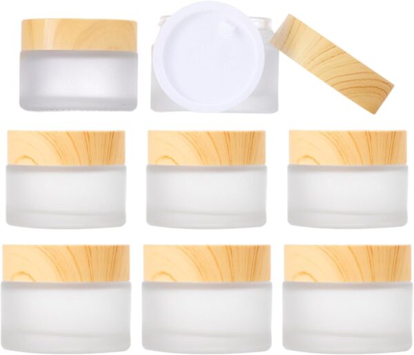 8 Pcs Frosted Clear Glass Cosmetic Jars with Wood Grain Plastic Lids & Inner Liners – 20ml & 30ml Refillable Travel Pots for Creams, Lip Balm, Makeup, Powder, Lotion, and Nail Products