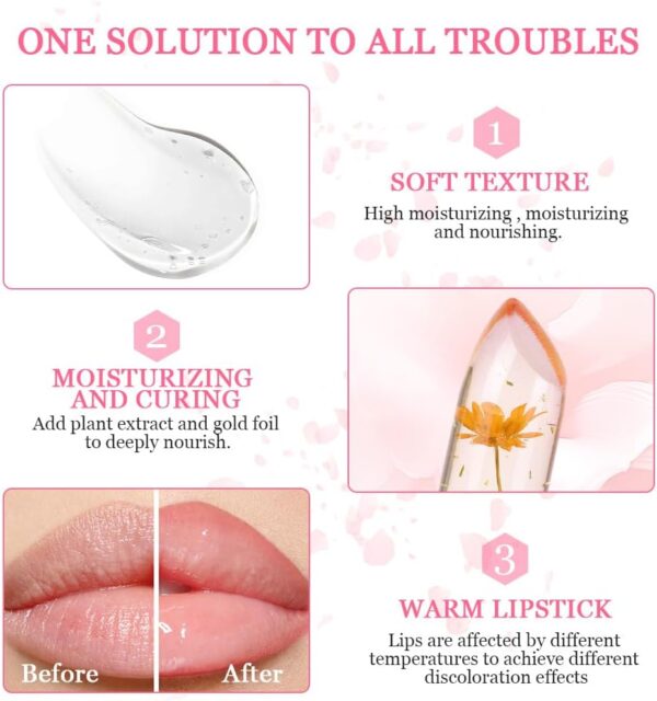 LOPHE Clear Flower Jelly Lipstick, 3Pcs Magic Temperature Color Change Lip Balm, Long Lasting Moisturizing Lip Gloss Set, Nutritious Crystal Lip Stick Makeup Set, Great Gift for Women and Girl