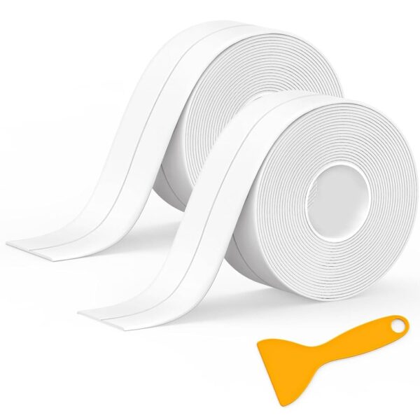 2 Rolls Bath Sealant Strip Self Adhesive, Caulk Strip Sealant Tape, Bathroom Sealant White Waterproof, Sealant Tape for Toilet, Bathtub, Shower, Wall Corner, Kitchen with Sealing Tool