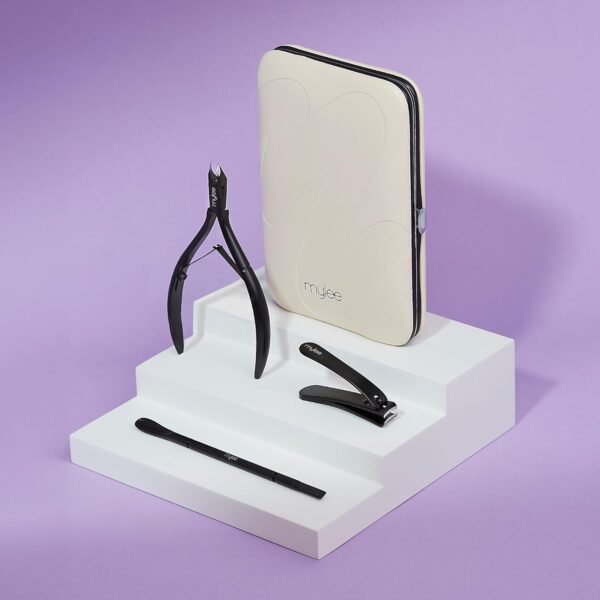 Mylee Manicare Kit – Three Professional, Sleek, Matte Black, Stainless Steel, Salon-Quality Nail Tools In One Stylish Case – Includes Cuticle Nippers, Small Nail Clipper & Dual-Ended Cuticle Pusher