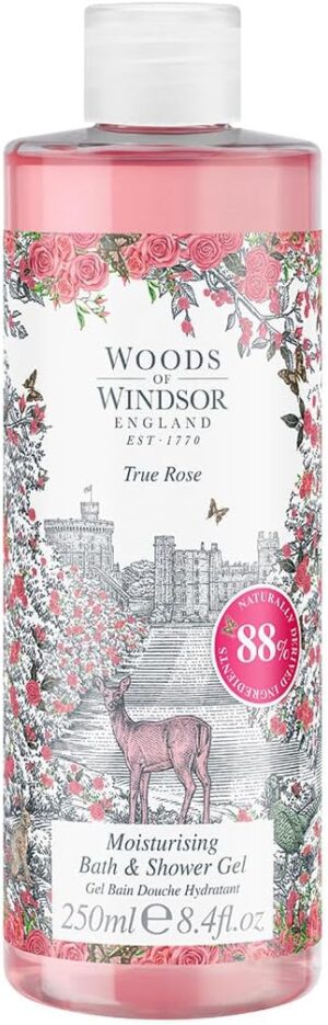 Woods of Windsor Rose Bath and Shower Gel, Womens Shower Gel with Floral White Jasmine and Ylang Ylang Notes, Moisturising Body Wash for Women with Vitamin E, True Rose Scent 250ml