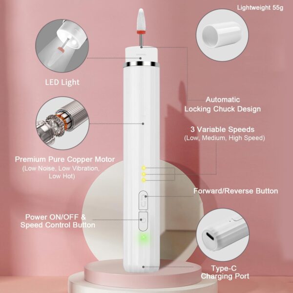 CIICII 71Pcs Cordless Nail Drill Kit with LED Light & Portable Bag, 20000RPM Electric Nail Drill Machine (3-Speed Rechargeable Wireless Electric Nail File) for Acrylic Gel Nails DIY Manicure Pedicure