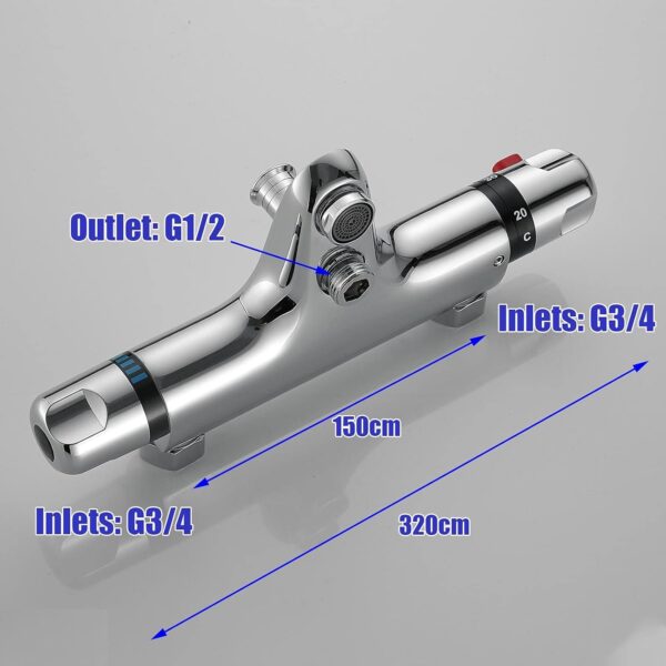 Thermostatic Bath Shower Mixer Valve Deck Mounted with Legs, Solid Brass Body Chrome Plated, Easy to Control Water Flow and Temperature from 30-45°C, Safety Button Temperature 38°C