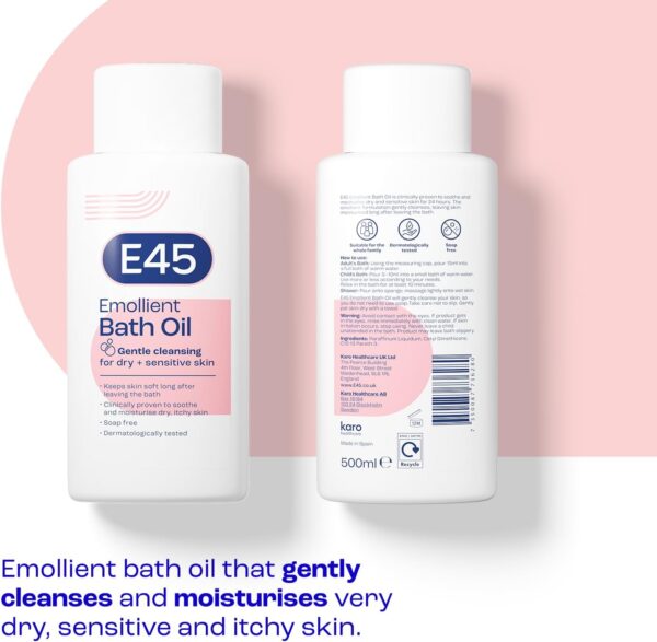 E45 Bath Oil 500 ml – E45 Bath Oil Emollient to Moisturise & Hydrate Dry Skin – Gently Cleanses for Soft Skin – Soap Free & Perfume Free Emollient Bath & Shower Oil Body Wash - Dermatologically Tested
