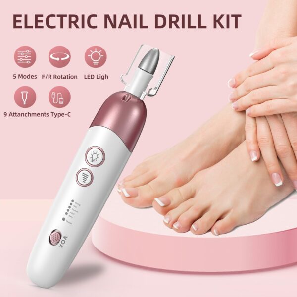 Vexloria Electric Nail File, Cordless Nail Drill, Pedicure Sets for Feet with 8 Drill Bits, 5 Modes Adjustable Nail Drill, Electric Nail File for Gel/Acrylic Nails and Hard Cuticles (White)