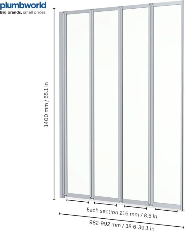 Luxura® 4 Panel 1400 x 1000mm Chrome Over Bath Shower Screen Folding Hinged Door Glass Panels & Screens for Baths, 4mm Toughened Safety Glass, 180° Pivot Swing, Reversible