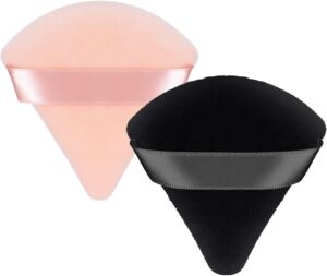 Patelai 2 Pcs Powder Puff Makeup Puff Triangle Soft Powder Sponge Reusable Triangle Sponges with Strap for Cosmetic Foundation Wet Dry Makeup(Black, Nude)