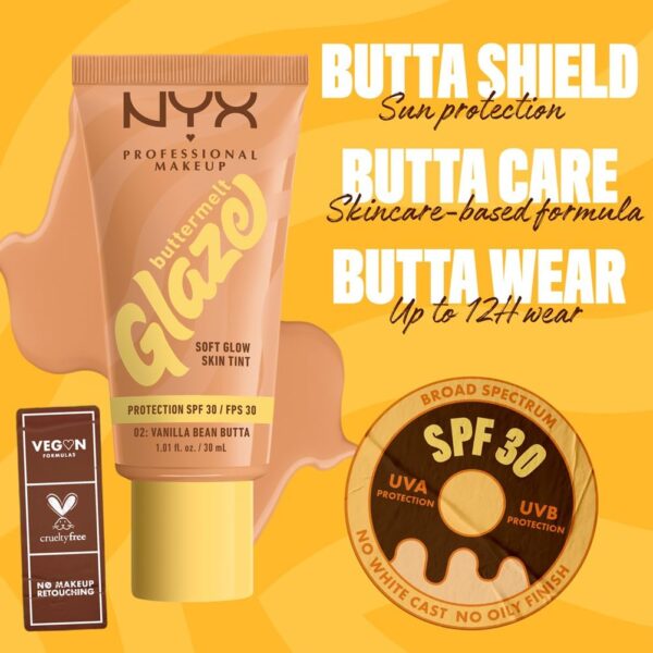 NYX Professional Makeup Buttermelt Glaze Soft Glow Skin Tint + SPF/FPS 30, Foundation, 12h Wear, Vanilla Bean Butta
