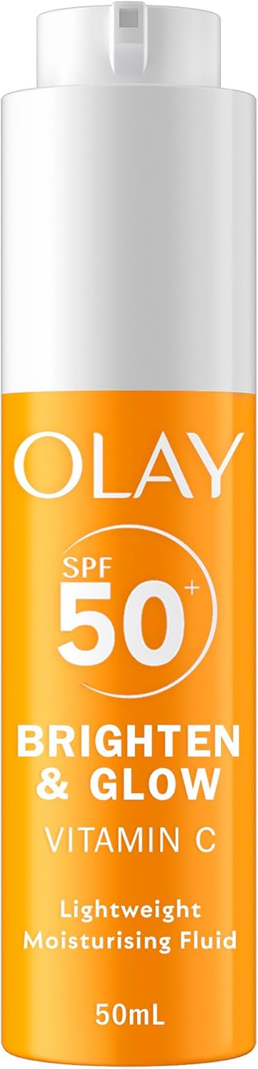61J1UkR5oNL._AC_SL1500_.jpg Olay Vitamin C Brighten & Glow 3in1 Moisturising Fluid SPF50+ Hydrating Skincare Moisturiser and Primer with Niacinamide, Provides Hydration, Glow, UV Protection, and Helps Correct Dark Spots, 50ml