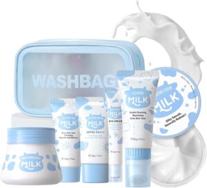 7PCS Milk Skincare Set - Gifts For Teenage Girls - Skin Care Sets & Kits With Cleanser,Eye Cream,Exfoliating Scrub, Sunscreen Cream,Hand Wax,Brightening Cream - Facial Kit Valentines Gifts for Her
