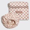 Kitsch Love & Comfort 2PC Spa Set - Satin Lined Reusable Waterproof Shower Cap and XL Quick Dry Hair Towel Wrap for Women, Microfiber Towel, Flexi Shower Cap For All Hair Types - Terracotta Checker