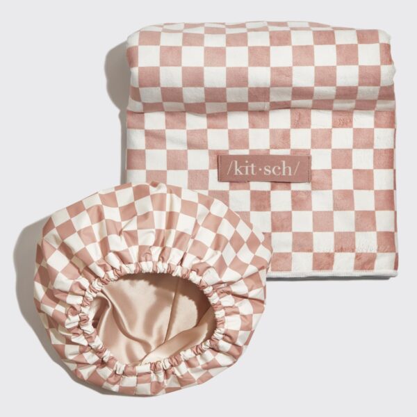Kitsch Love & Comfort 2PC Spa Set - Satin Lined Reusable Waterproof Shower Cap and XL Quick Dry Hair Towel Wrap for Women, Microfiber Towel, Flexi Shower Cap For All Hair Types - Terracotta Checker