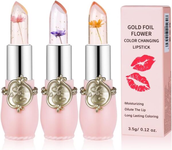 LOPHE Clear Flower Jelly Lipstick, 3Pcs Magic Temperature Color Change Lip Balm, Long Lasting Moisturizing Lip Gloss Set, Nutritious Crystal Lip Stick Makeup Set, Great Gift for Women and Girl